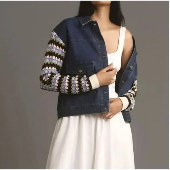 Anthropologie Crochet Sleeve Denim Jacket S NWOT Blue Purple Green Boho Western